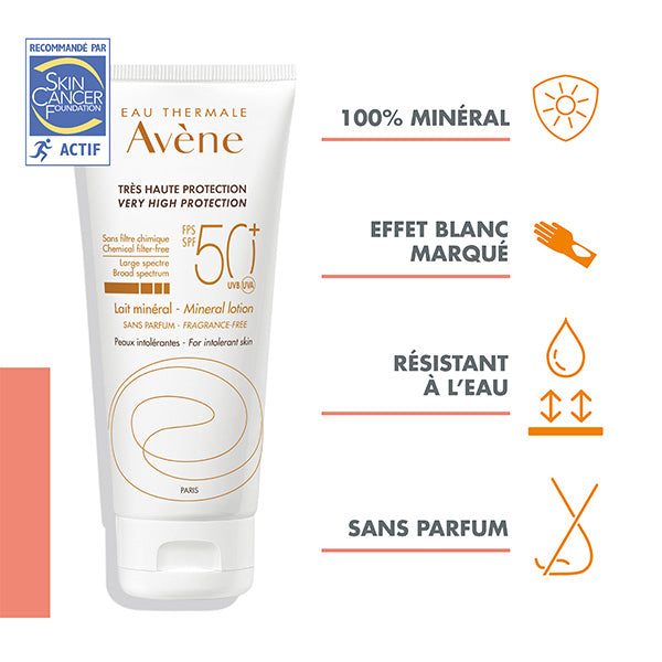 Avène Solaire, tube with four feature icons and a blue seal