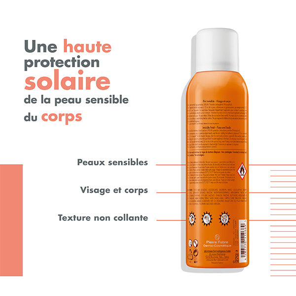 Avène Solaire, back of the spray bottle with captions in French