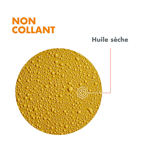 Avène Solaire, oil droplets on a golden disc with captions in French