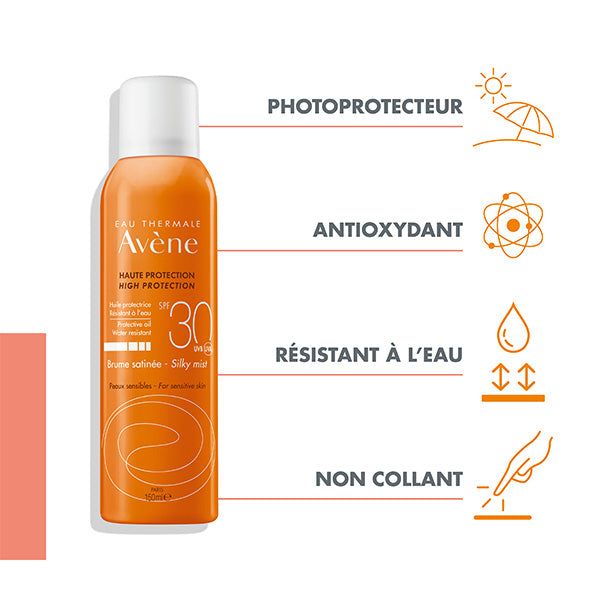 Avène Solaire, spray bottle with four feature icons in French