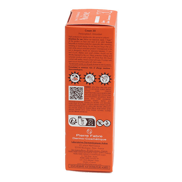 Avène Solaire, side view of the box with text in English