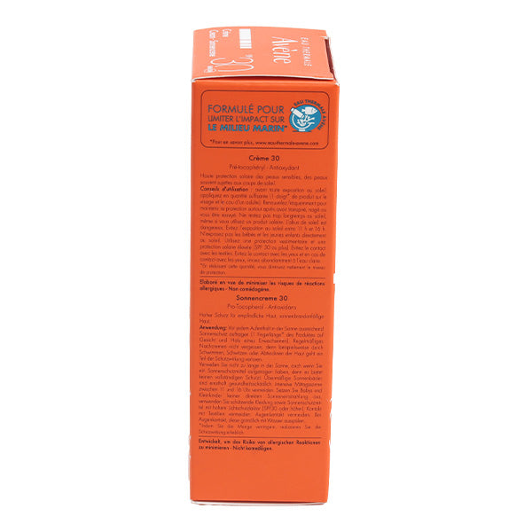 Avène Solaire, side view of the box with text in French and German