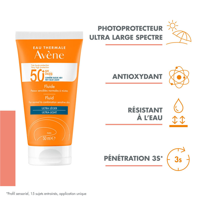 Avène Solaire, tube with four feature icons in French