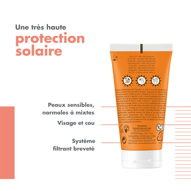 Avène Solaire, back of the tube with product benefits in French