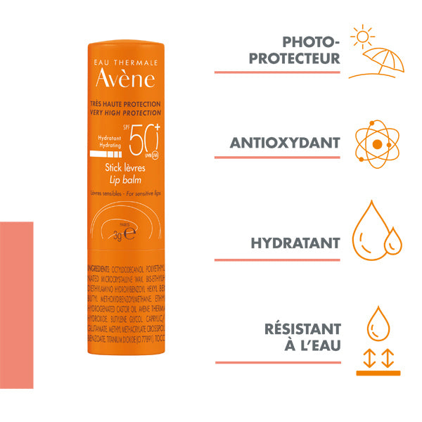 Avène Solaire, stick with four feature icons in French