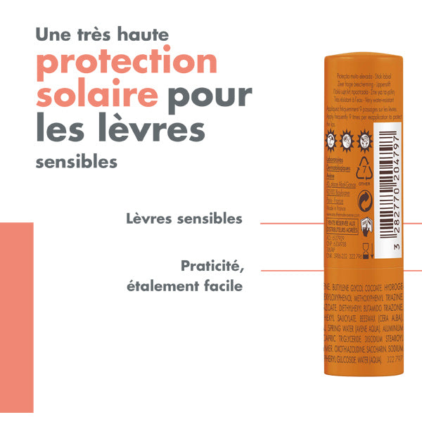 Avène Solaire, back of the stick with callouts in French