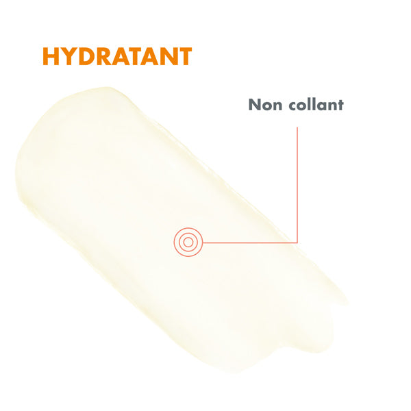 Avène Solaire, balm texture swatch with callouts in French