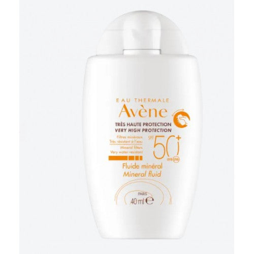 Avène Solaire Mineral Fluid SPF 50+ 40ml tube, a French pharmacy mineral sunscreen for sensitive skin, view 1