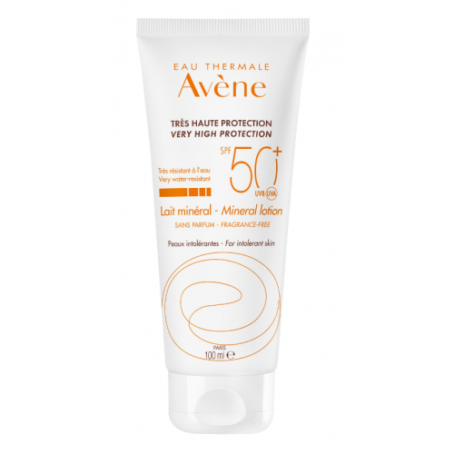 Avène Solaire Mineral Milk SPF 50+ 100ml bottle for sensitive skin, alternate angle