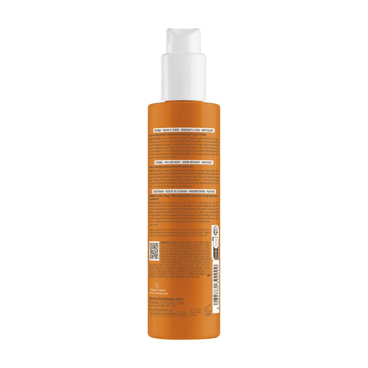 Avène Solaire, back label with ingredient list