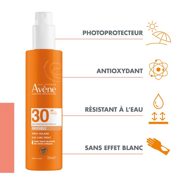 Avène Solaire, spray bottle with four feature icons in French