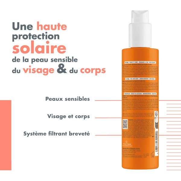 Avène Solaire, back of the spray bottle with captions in French