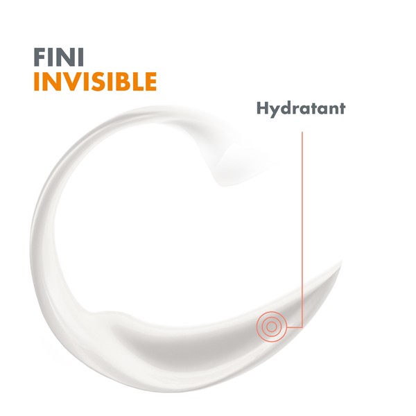 Avène Solaire, lotion texture swirl with captions in French