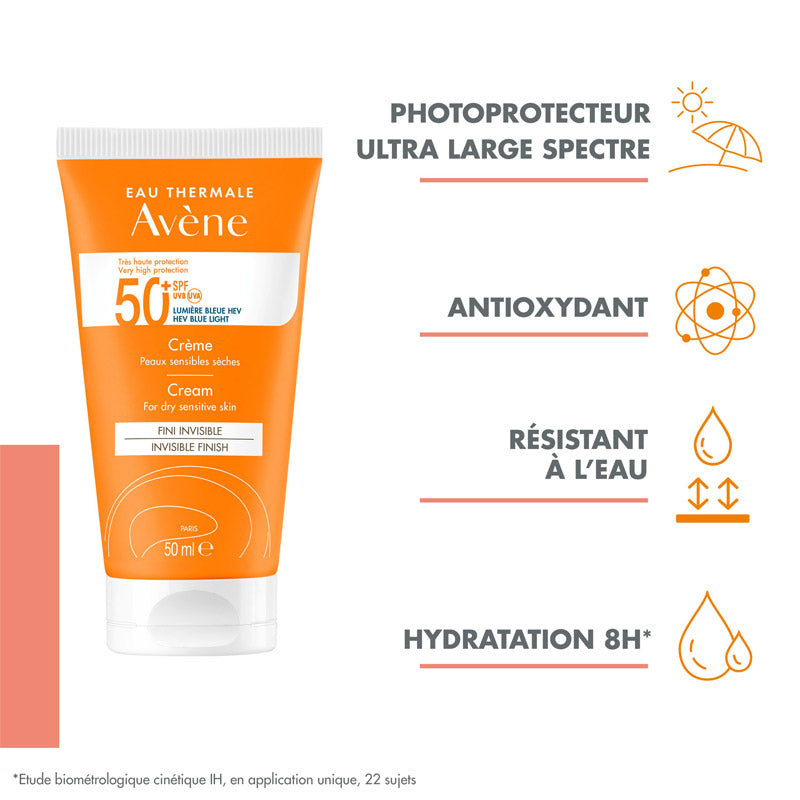 Avène Solaire, tube with four feature icons in French