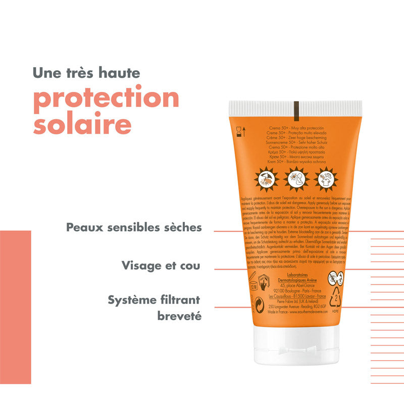 Avène Solaire, back of the tube with product benefits in French