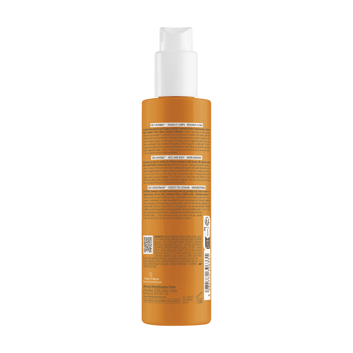 Avène Solaire, back label with ingredient list