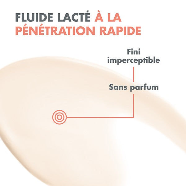 Avène Solaire, fluid texture swatch with captions in French