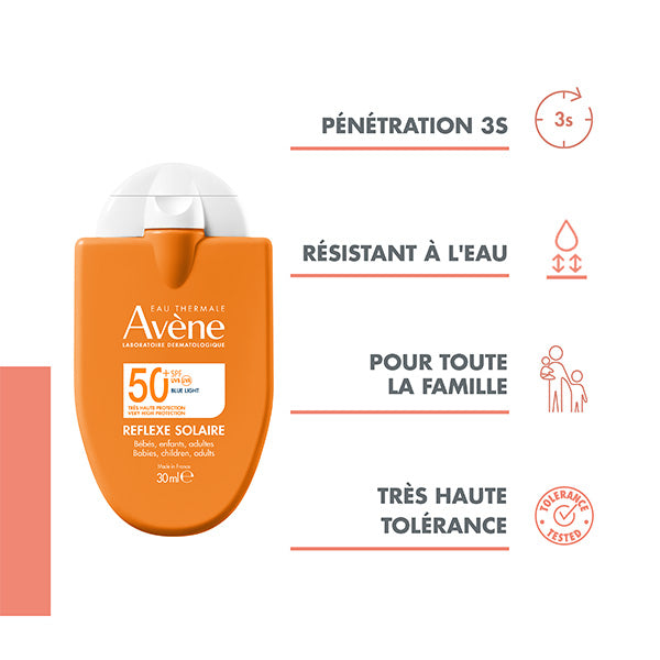 Avène Solaire, bottle with four feature icons in French