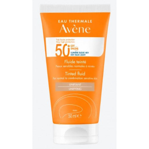 Avène Solaire Tinted Fluid SPF 50+ 50ml airless pump bottle, alternate angle