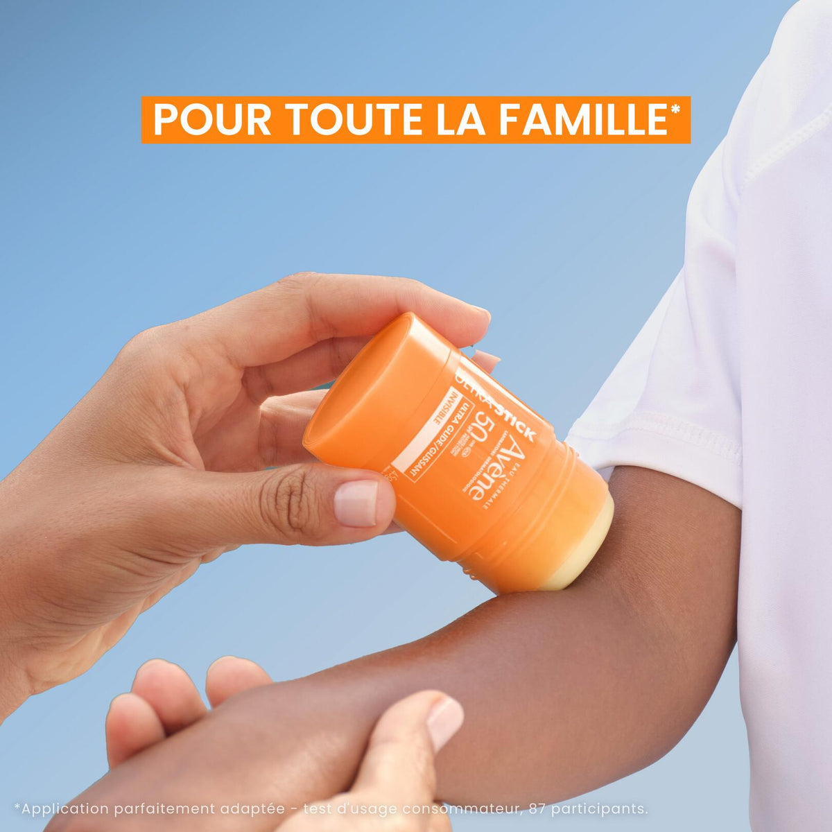 Avène Solaire, stick applied to an arm under a banner in French