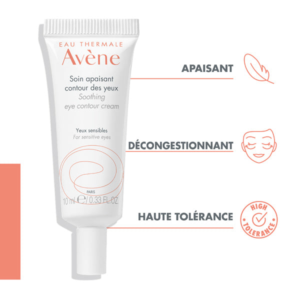 Avène Soothing Eye Contour 10ml, tube with three feature icons in French