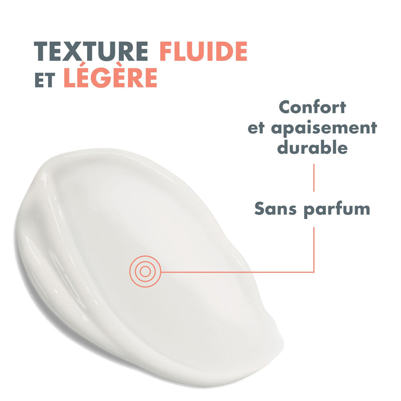 Avène Soothing Eye Contour, cream texture swatch with captions in French