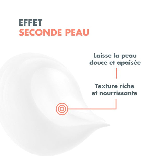 Avène Soothing Moisturizing Mask, cream texture swatch with captions in French