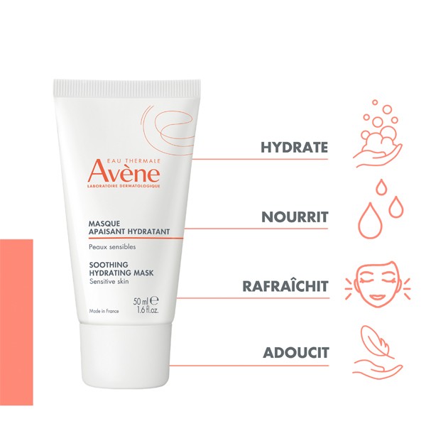 Avène Soothing Moisturizing Mask, tube with four feature icons in French