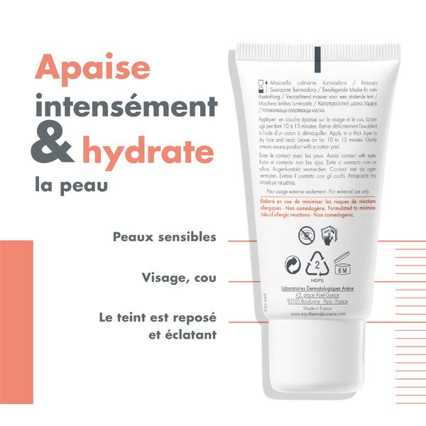 Avène Soothing Moisturizing Mask, back of the tube with captions in French
