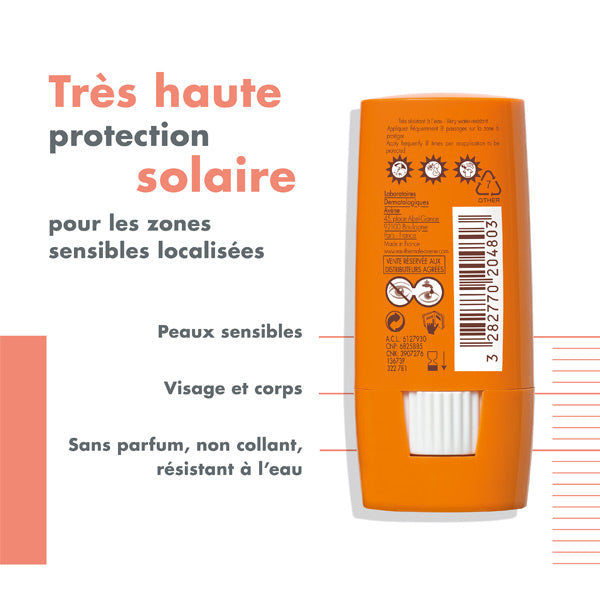 Avène Solaire, back of the stick with captions in French