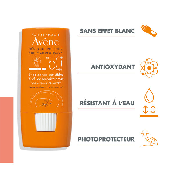 Avène Solaire, stick with four feature icons in French
