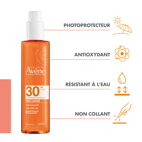 Avène Solaire, spray bottle with four feature icons in French