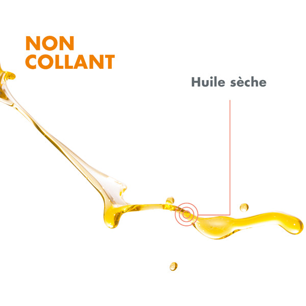 Avène Solaire, golden oil splash with captions in French