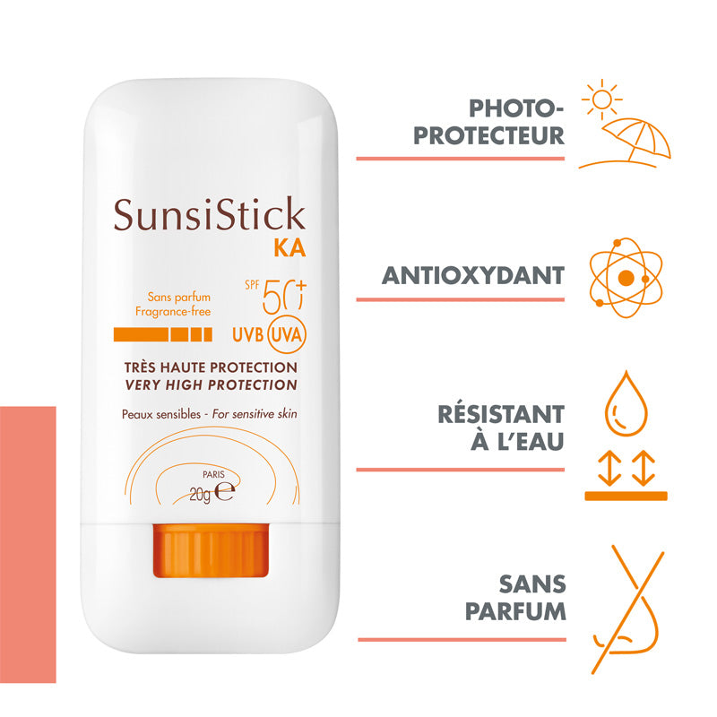 Avène Sunsistick, stick with four feature icons in French