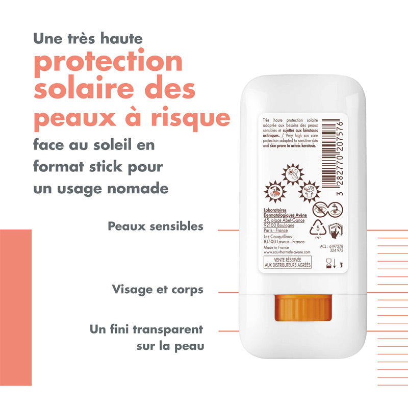 Avène Sunsistick, back of the stick with captions in French