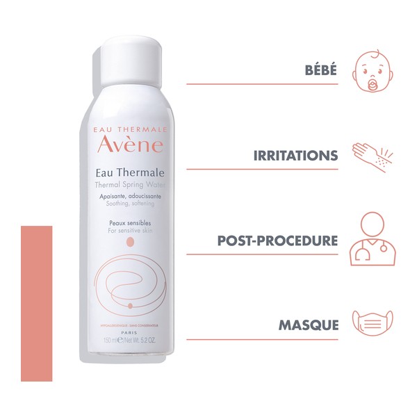 Avène Thermal Spring Water, spray can in the older packaging with four use icons in French