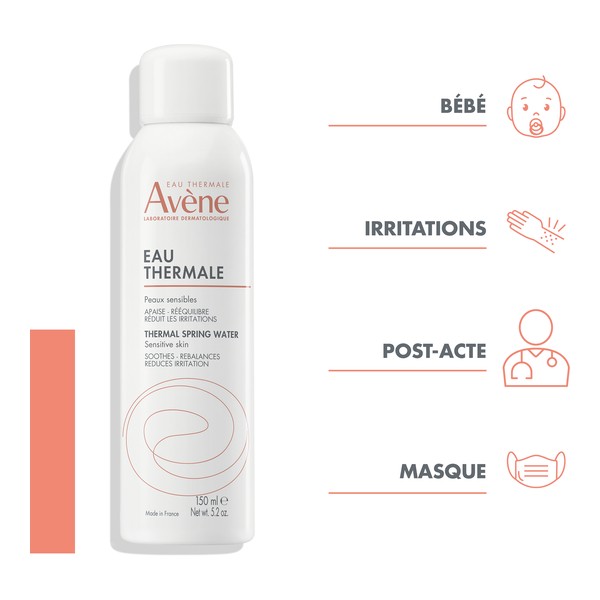 Avène Thermal Spring Water, spray can with four use icons in French