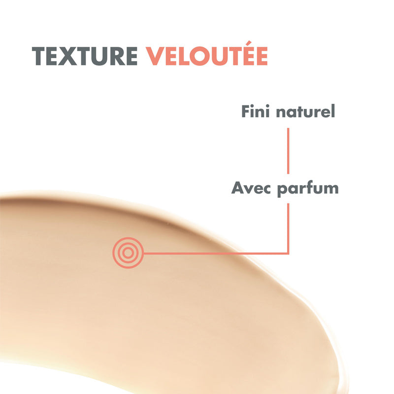 Avène Solaire, tinted cream swatch with captions in French
