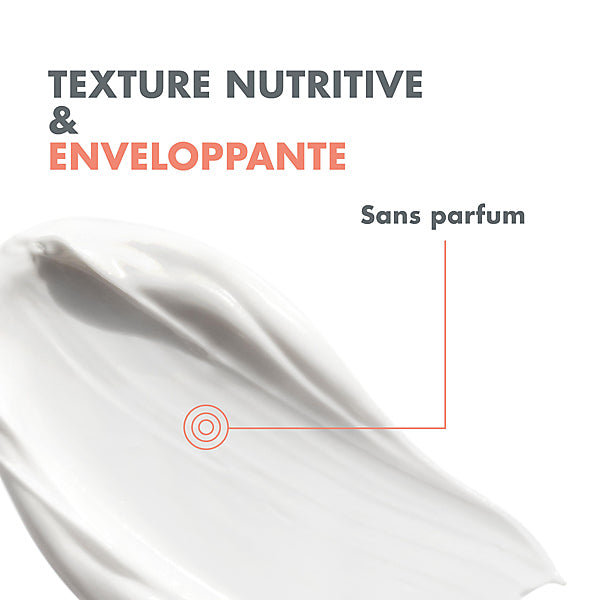 Avène Tolerance Control, balm texture swatch with captions in French