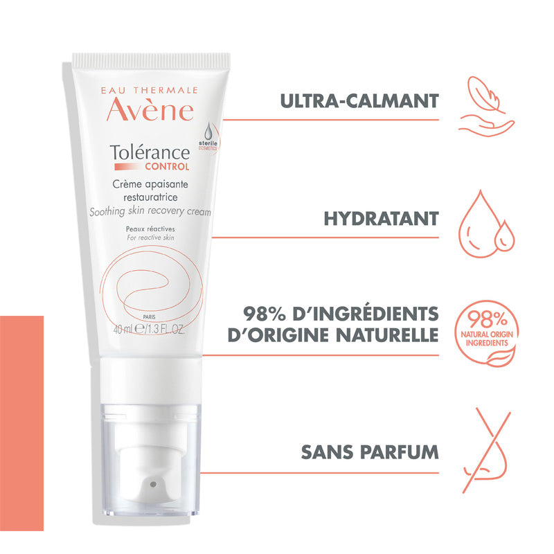 Avène Tolérance Control, tube with four feature icons in French