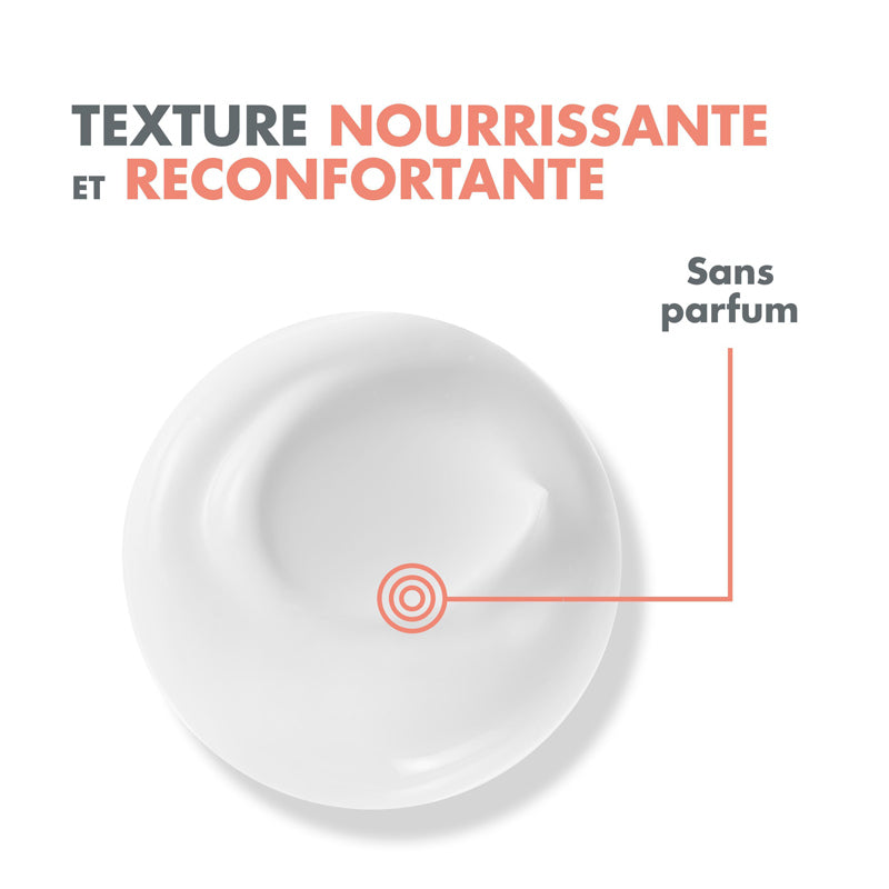 Avène Tolérance Control, cream texture swatch with captions in French