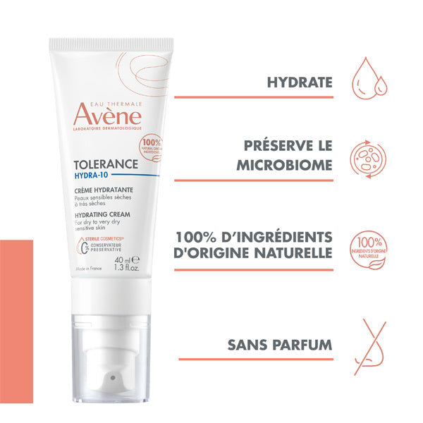 Avène Tolérance Hydra-10, tube with four feature icons in French
