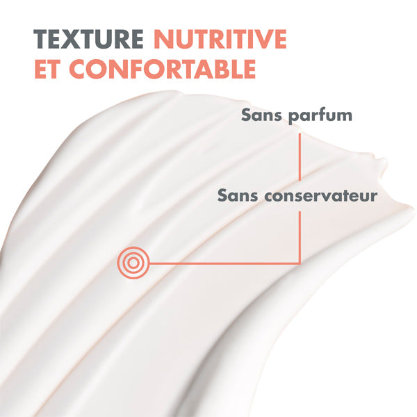 Avène Tolérance Hydra-10, cream texture swatch with captions in French