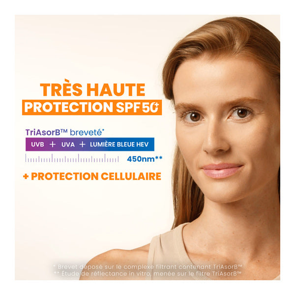 Avène Ultra Serum, woman's portrait with sun filter captions in French