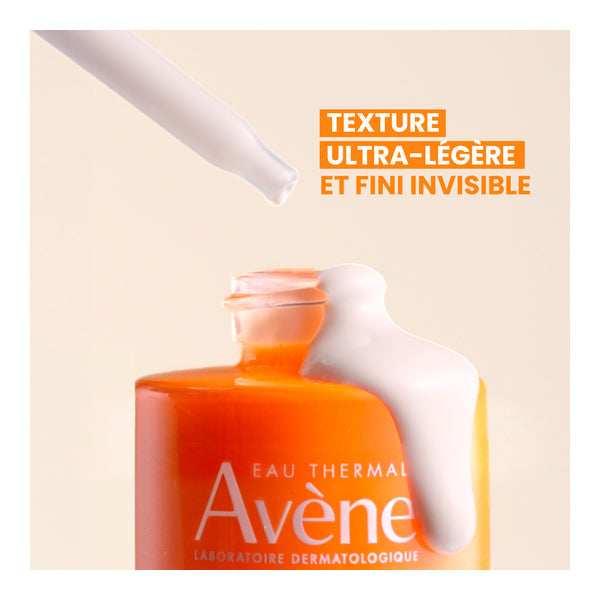 Avène Ultra Serum, dropper above the open bottle overflowing with serum, captions in French