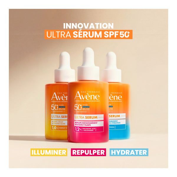 Avène Ultra Serum, range of three dropper bottles with captions in French, white border