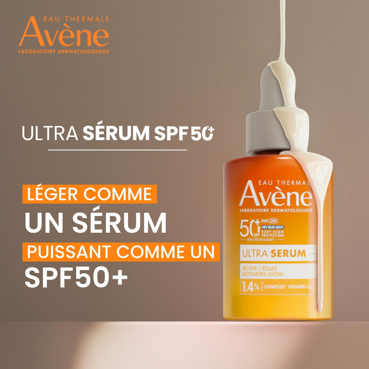 Avène Ultra Serum, dropper bottle with a serum drip and banner in French