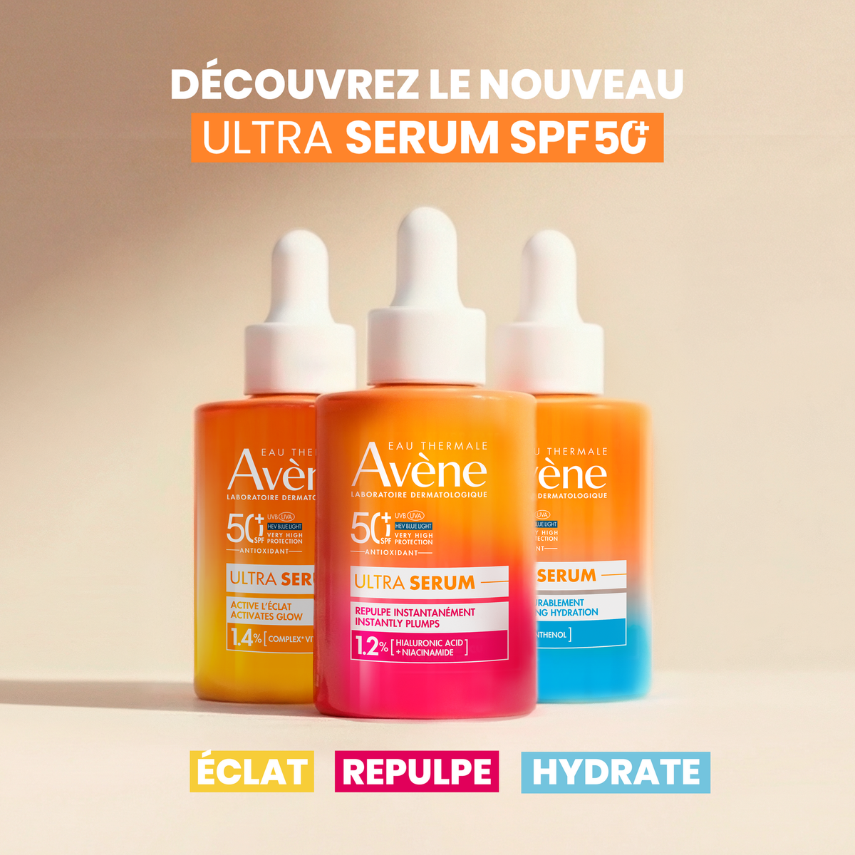 Avène Ultra Serum, range of three dropper bottles with captions in French