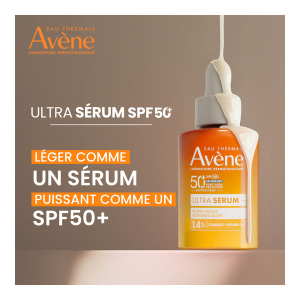 Avène Ultra Serum, dropper bottle with a serum drip and banner in French, white border