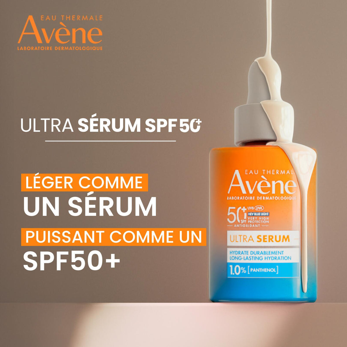 Avène Ultra Serum, dropper bottle with a serum drip and banner in French
